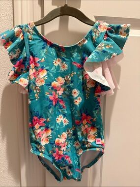 RuffleButts Teal Floral Flutter Sleeve One-Piece